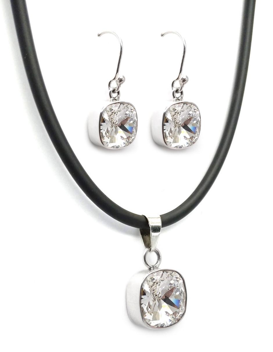 Collar y Aretes Joyería Zvezda Cushion Cristal con Plata y Caucho