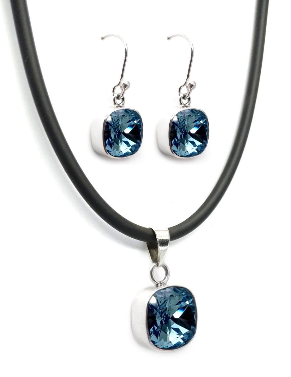 Collar y Aretes Joyería Zvezda Cushion Azul con Plata y Caucho