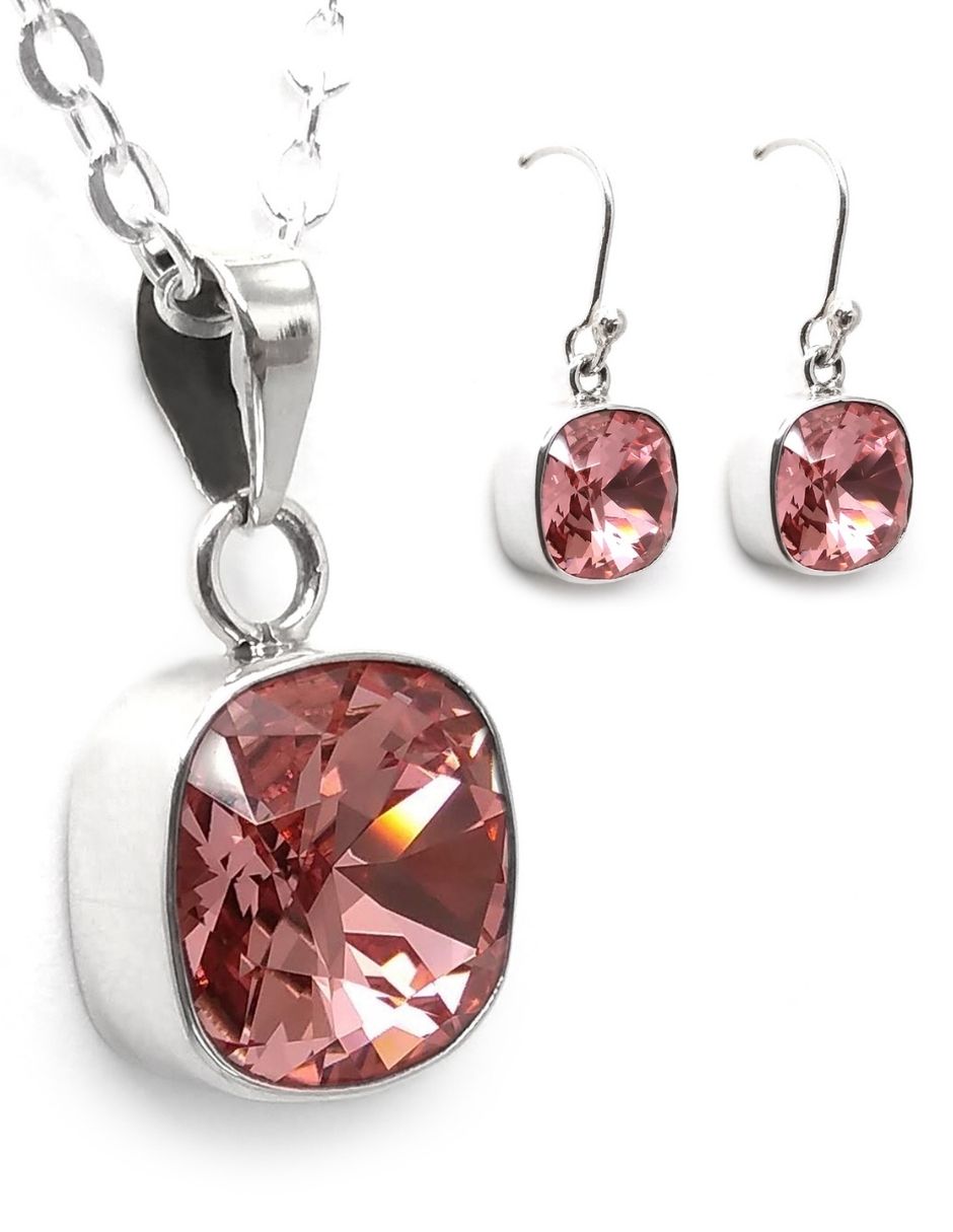 Collar y Aretes Zvezda Cushion Rose Peach con Plata