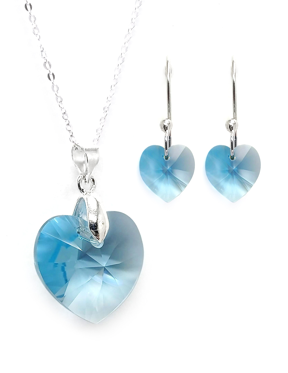 Collar y Aretes Zvezda Heart Aquamarine con Plata