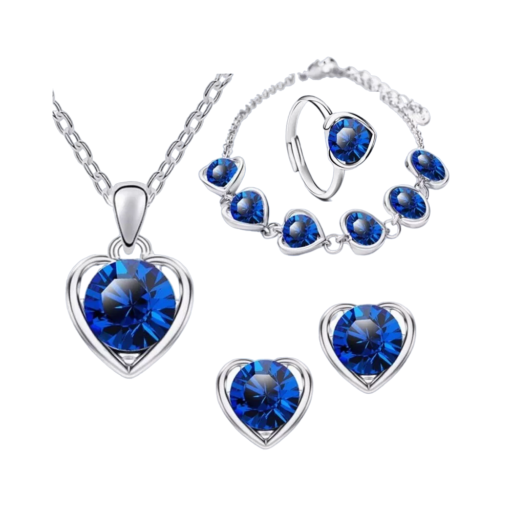 Collar par de Aretes Anillo y Pulsera BELUG color Azul Corazón de Cristal 4 PZAS