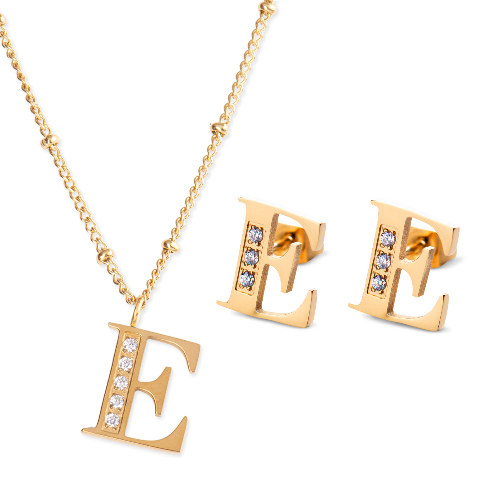 Aretes y Collar LuckyLy CRV27-E color Dorado con Baño de Oro 18k y Zirconia Cúbica - Letra E