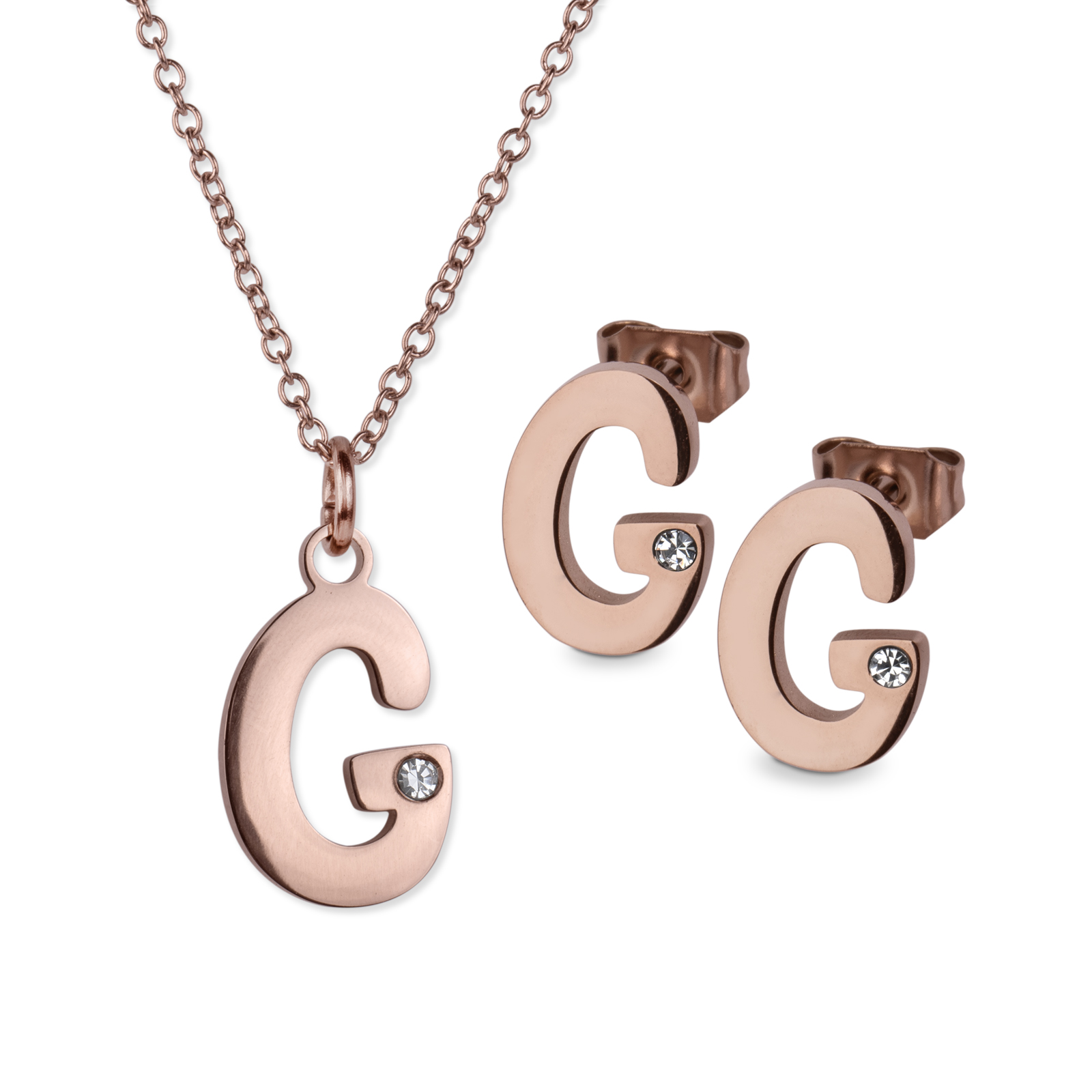 Aretes y Collar LuckyLy CRV37-G color Dorado con Baño de Oro 18k y Zirconia Cúbica - Letra G