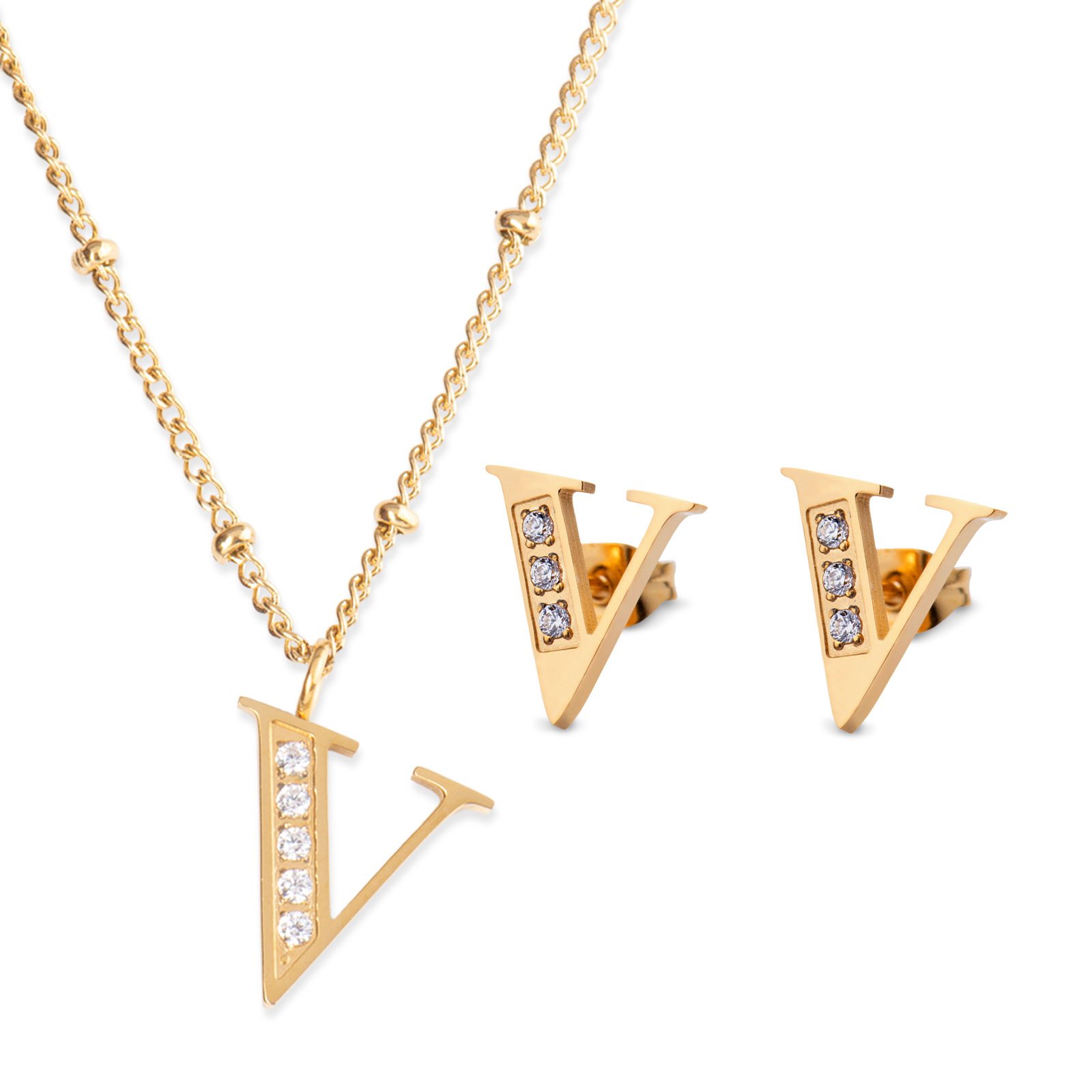 Aretes y Collar LuckyLy CRV27-V color Dorado con Baño de Oro 18k y Zirconia Cúbica - Letra V