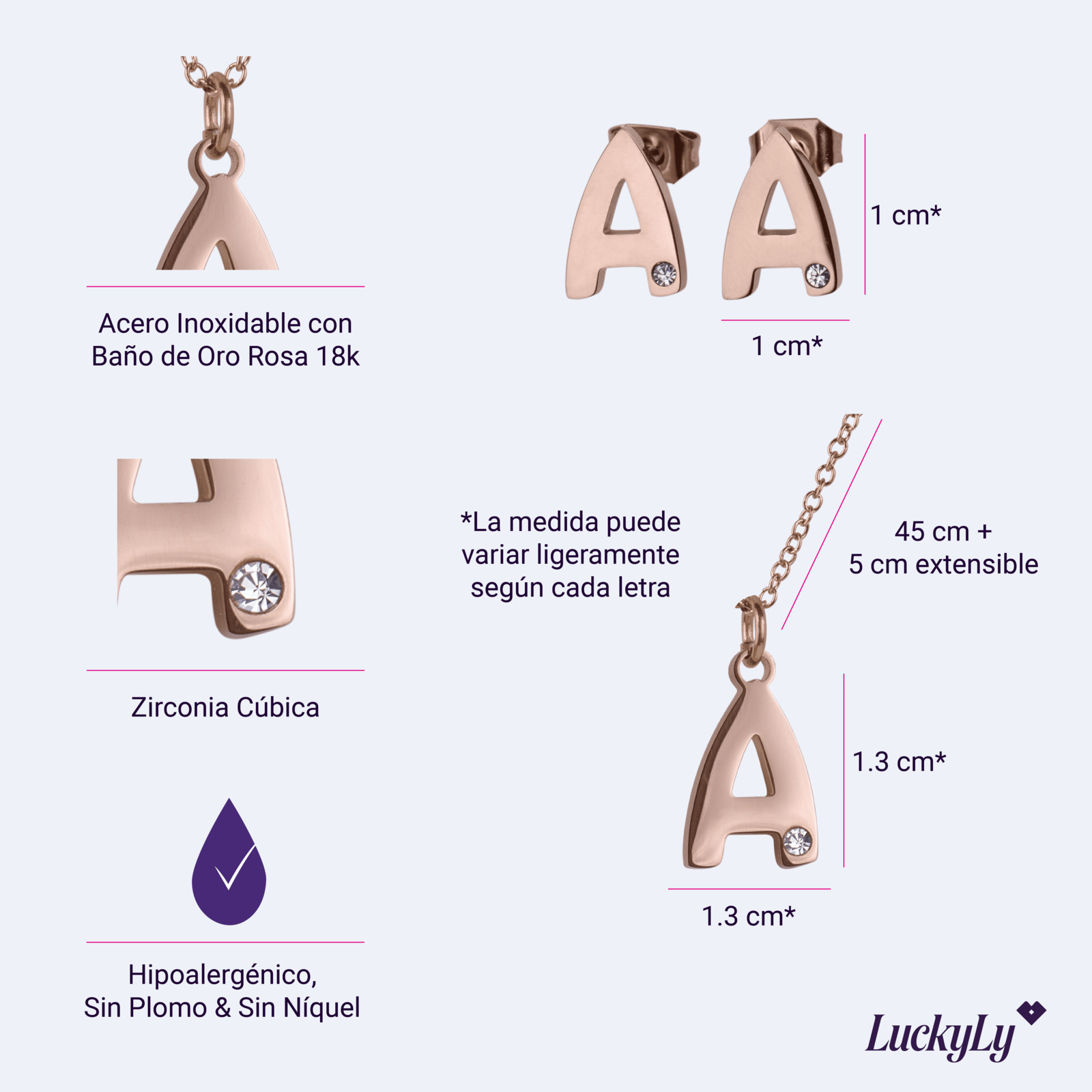 Foto 5 | Set De Joyería Para Mujer Iniciales Luckyly, Collar y Aretes Baño de Oro Rosa 18k, Modelo Yara, Letra J