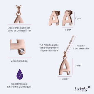 Foto 5 | Set De Joyería Para Mujer Iniciales Luckyly, Collar y Aretes Baño de Oro Rosa 18k, Modelo Yara, Letra V