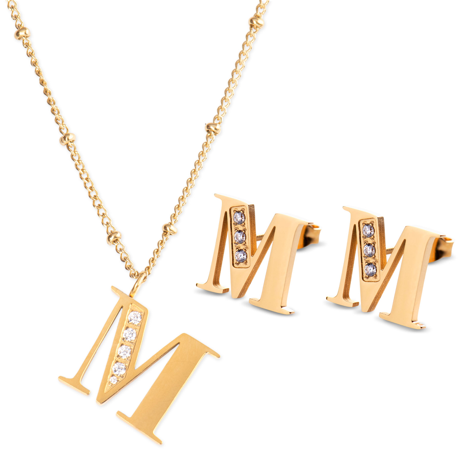 Collar y Aretes Luckyly Baño de Oro 18k Letra M