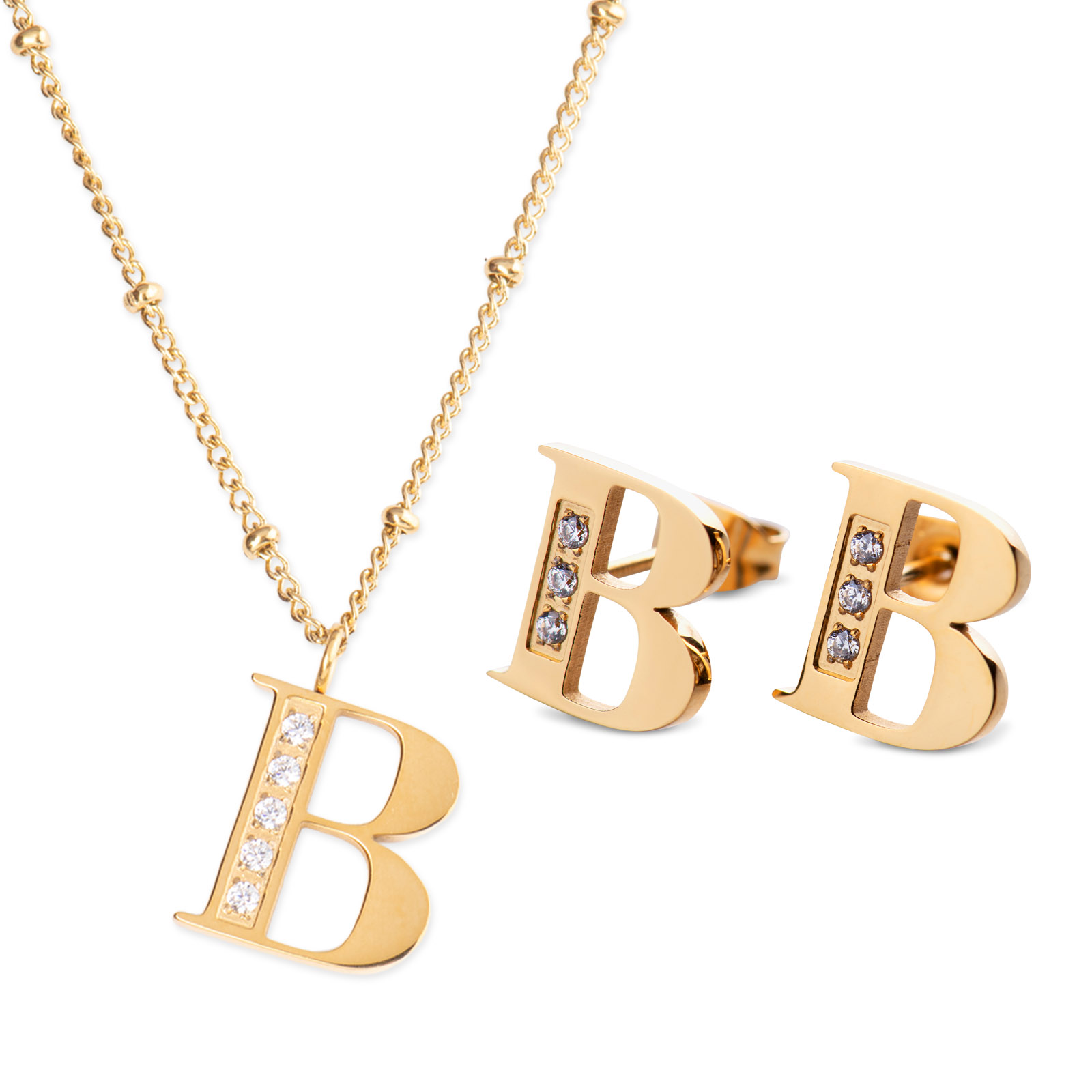 Collar y Aretes Luckyly Baño de Oro 18k Letra B