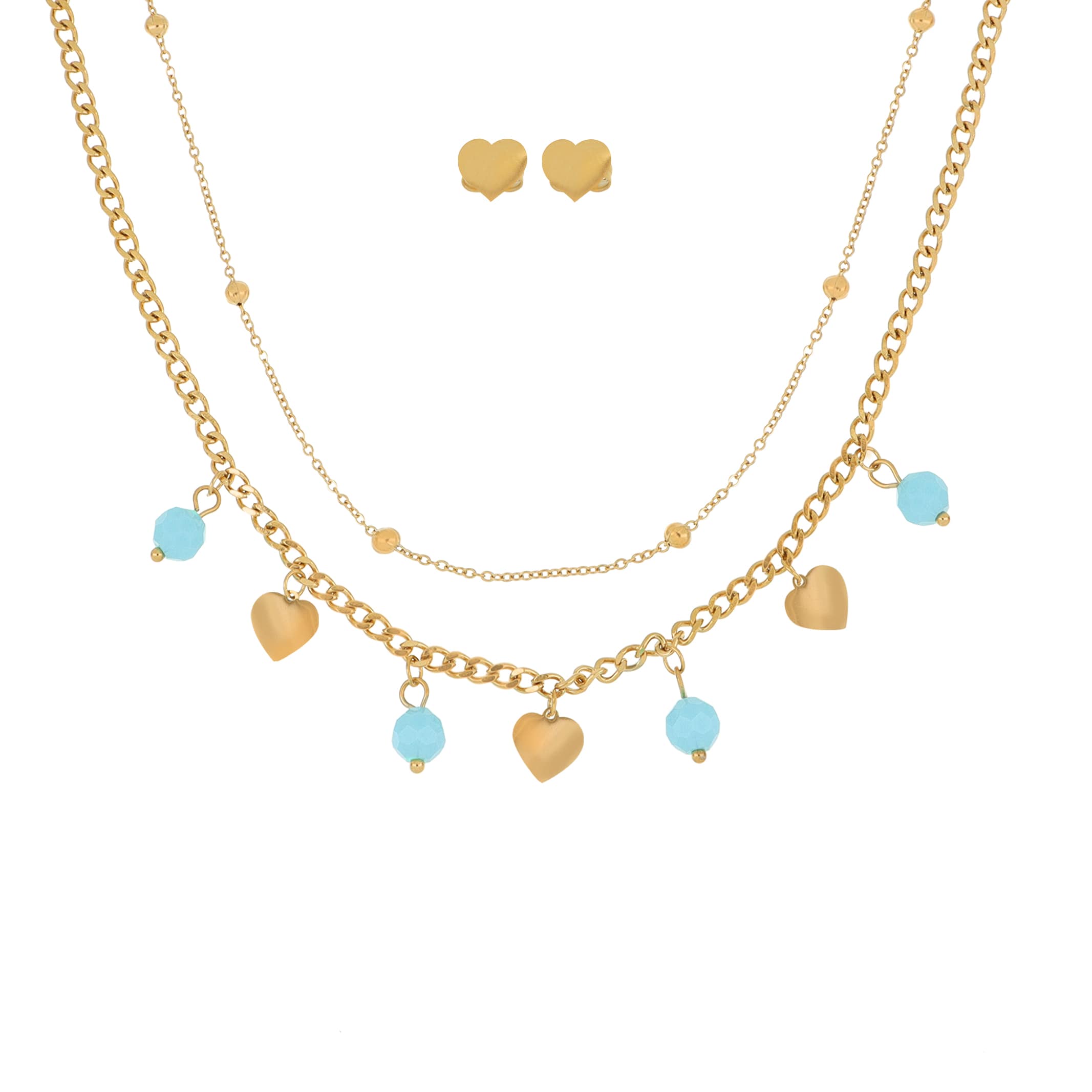 Set Collar y Par Aretes Joyas Plafer 1183j-p color Dorado de Acero Inoxidable Corazones Lisos y Bolitas Azules $360