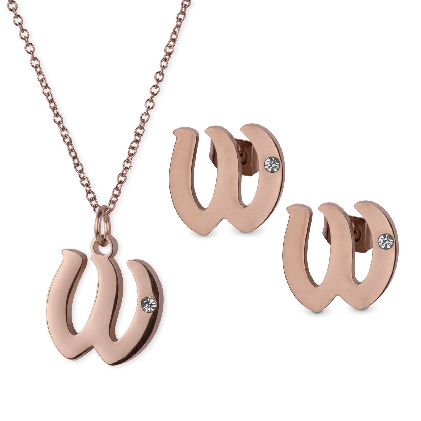 Set de Joyería LuckyLy Yara Collar y Aretes Baño de Oro Rosa 18K Letra W para Mujer