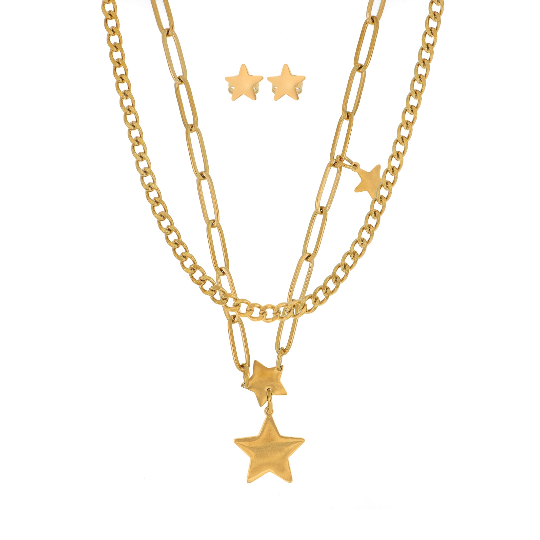 Set Collar y Par Aretes Joyas Plafer 1172j-p color Dorado de Acero Inoxidable Estrellas Lisas dos Líneas $360