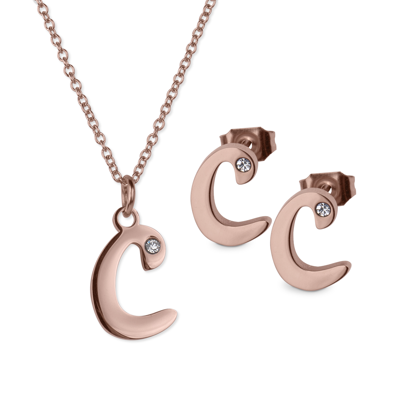 Set de Joyería Luckyly Yara Collar y Aretes Baño de Oro Rosa 18K Letra C para Mujer