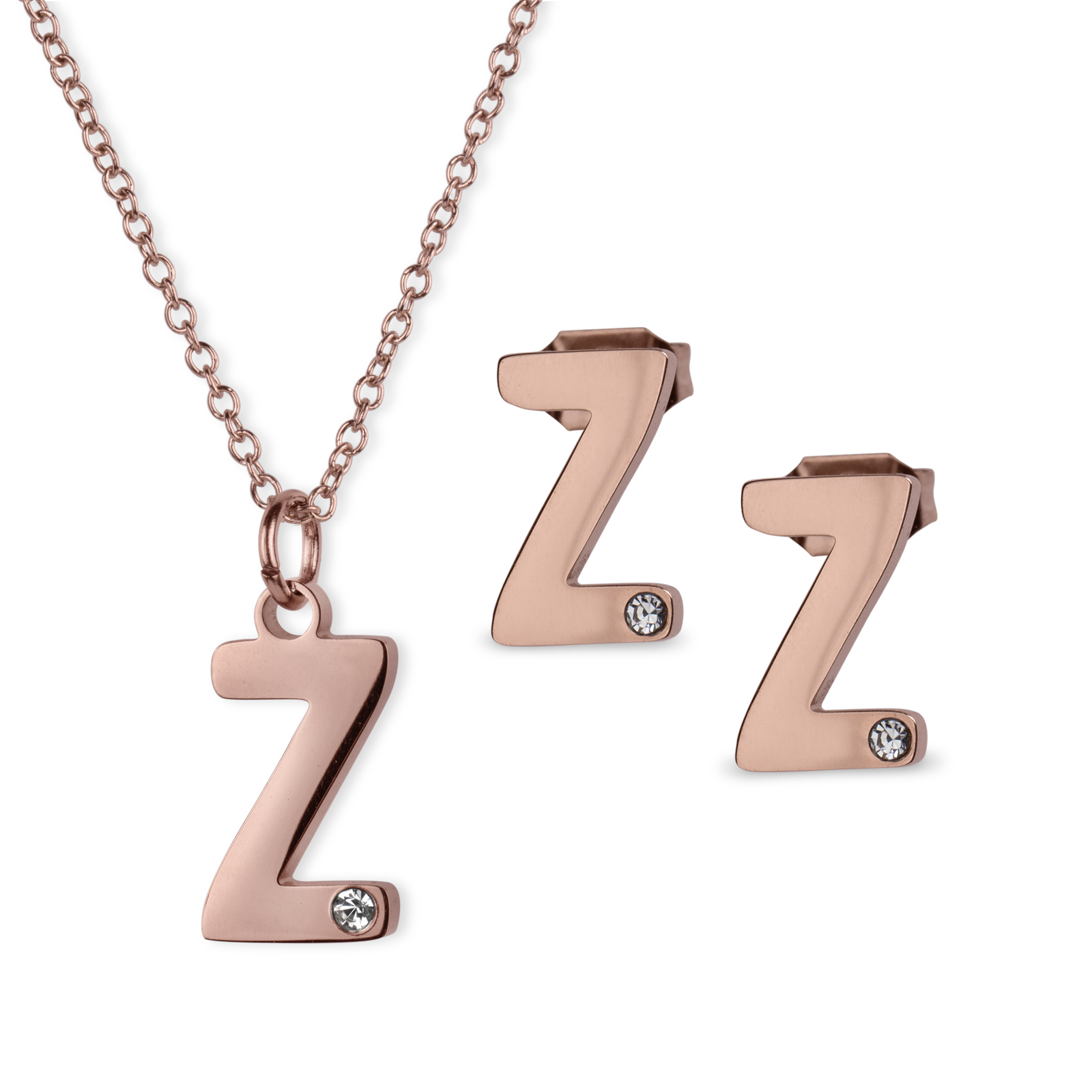 Set de Joyería para Mujer Iniciales LuckyLy Yara Collar y Aretes Baño de Oro Rosa 18K Letra Z