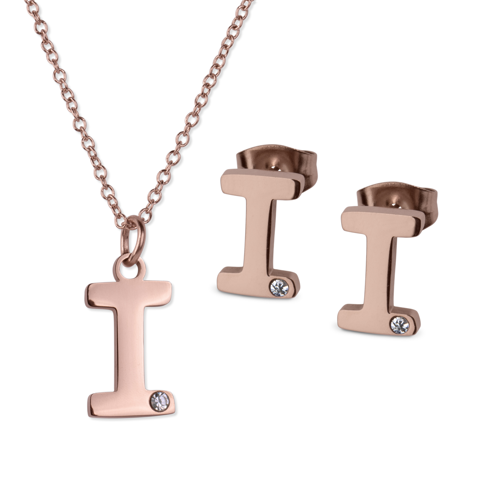 Set de Joyería LuckyLy Yara Collar y Aretes Baño de Oro Rosa 18K Letra I para Mujer