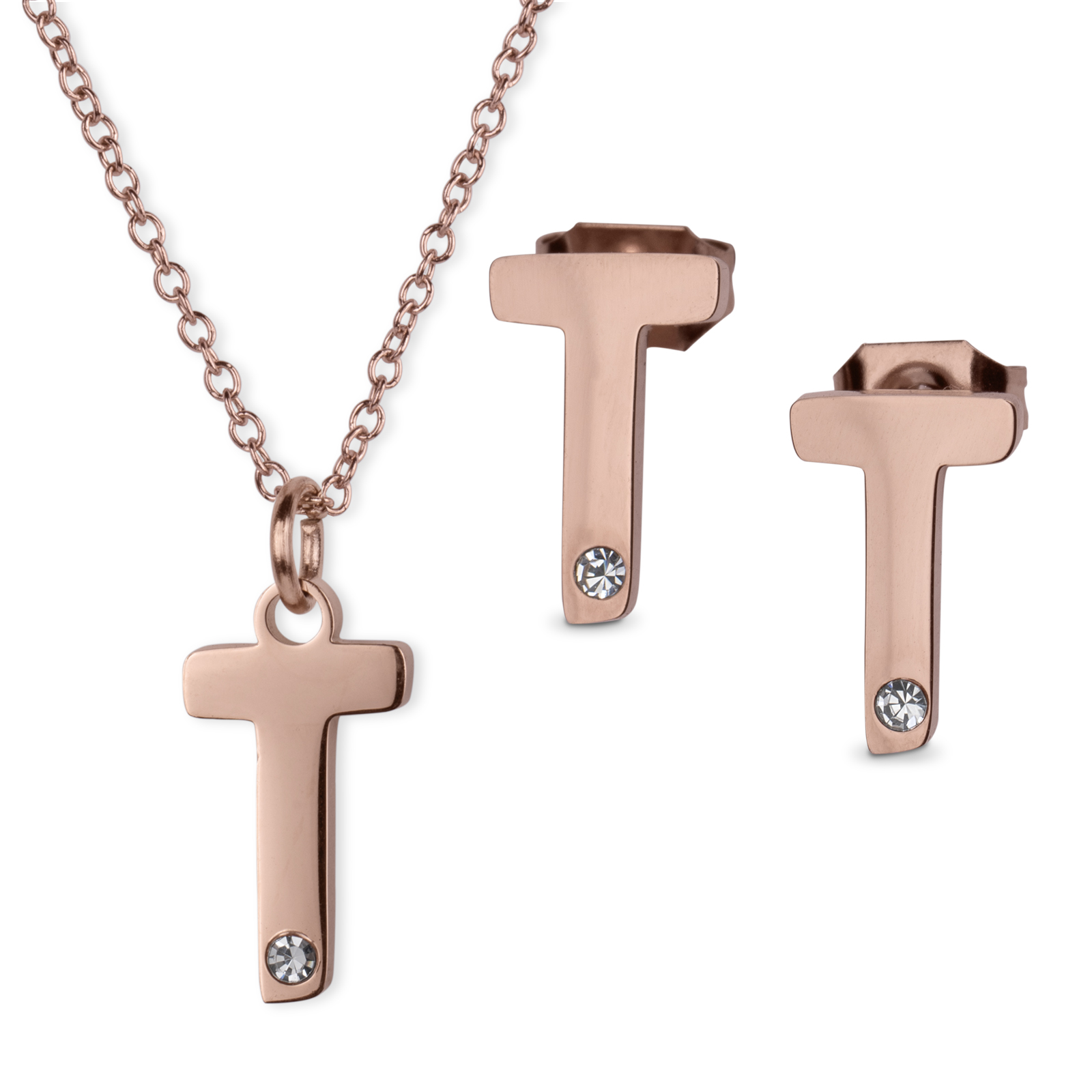 Set de Joyería LuckyLy Yara Collar y Aretes Baño de Oro Rosa 18K Letra T para Mujer