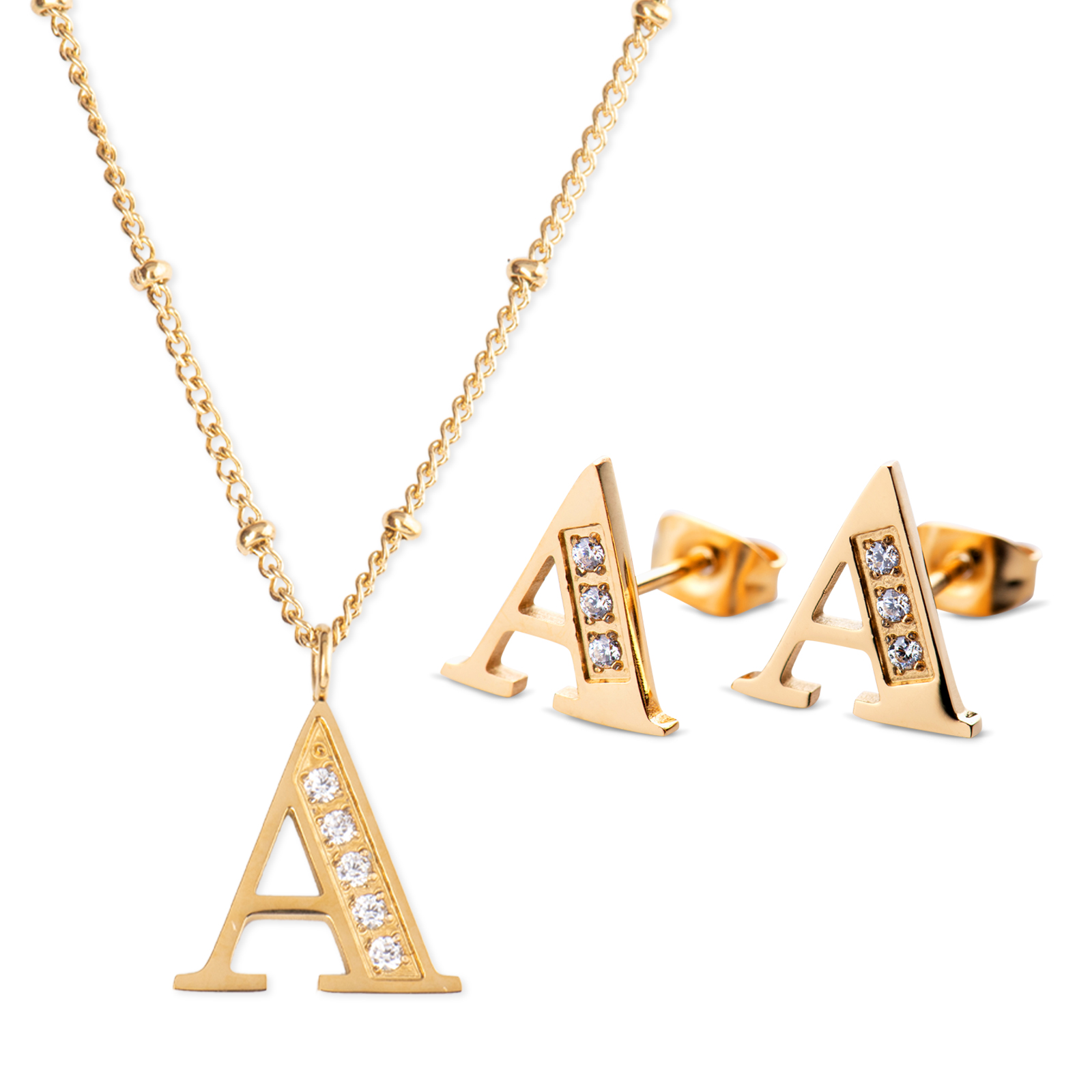 Collar y Aretes LuckyLy Baño de Oro 18K Letra A para Mujer