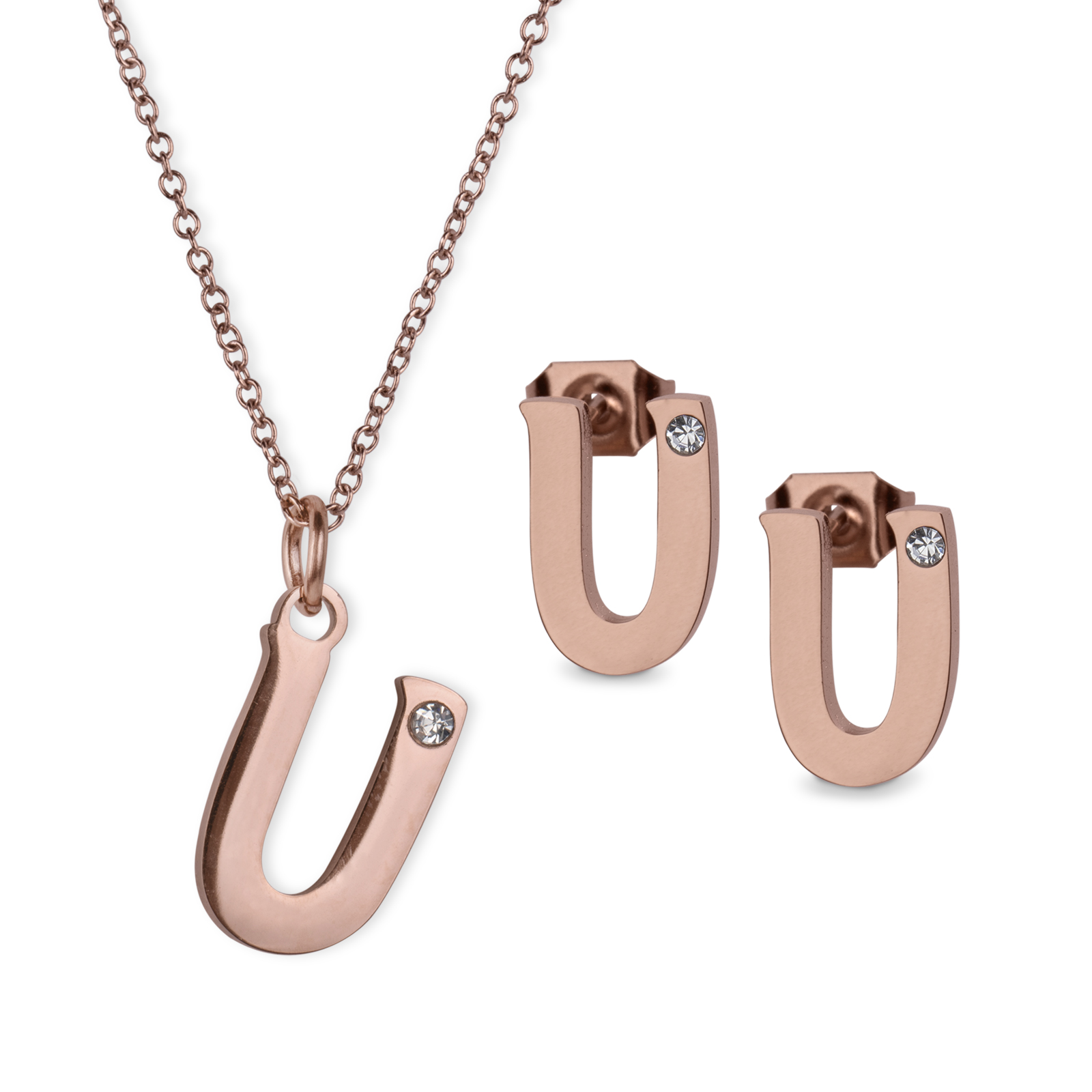 Foto 2 pulgar | Set de Joyería LuckyLy Yara Collar y Aretes Baño de Oro Rosa 18K Letra U para Mujer