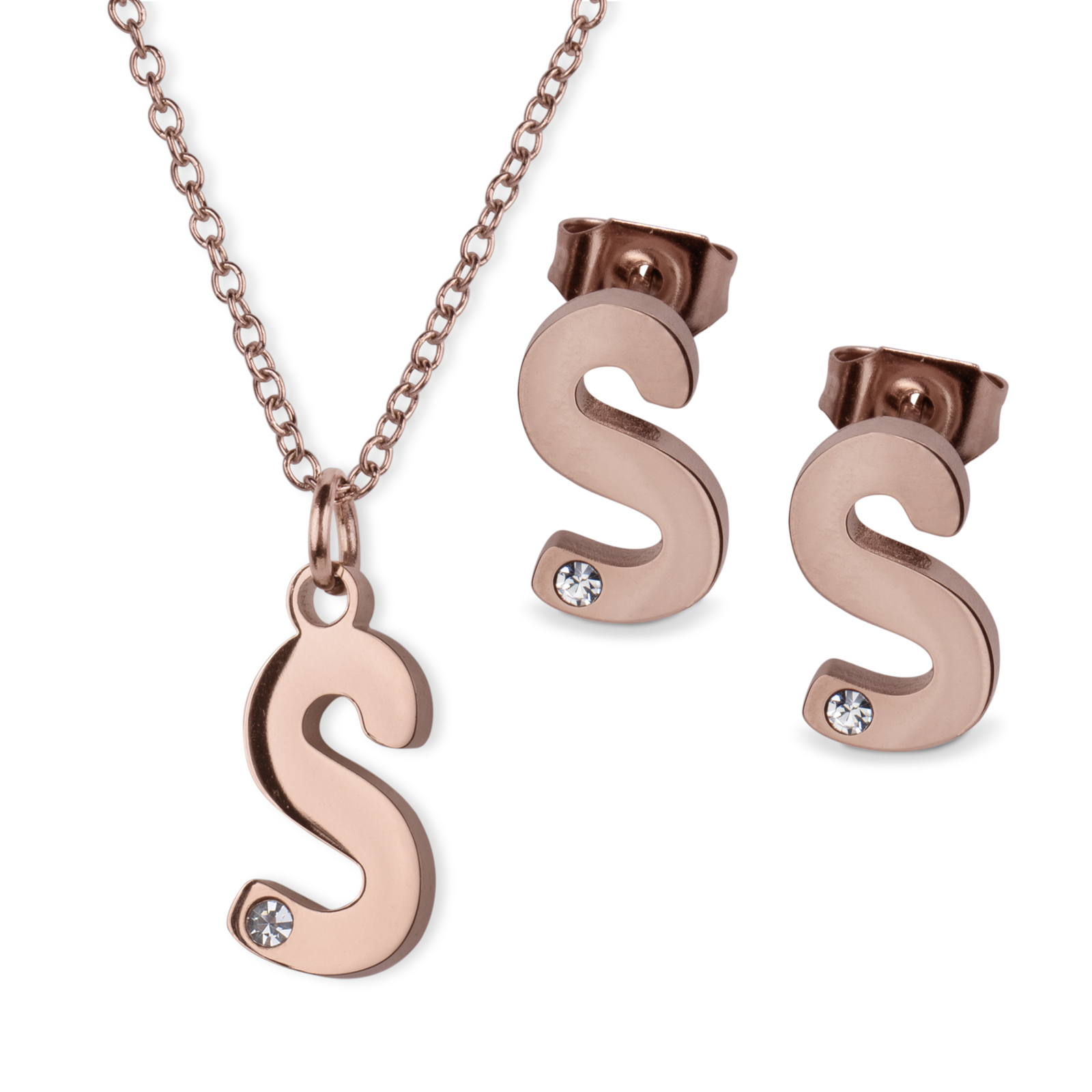 Set de Joyería LuckyLy Yara Collar y Aretes Baño de Oro Rosa 18K Letra S para Mujer