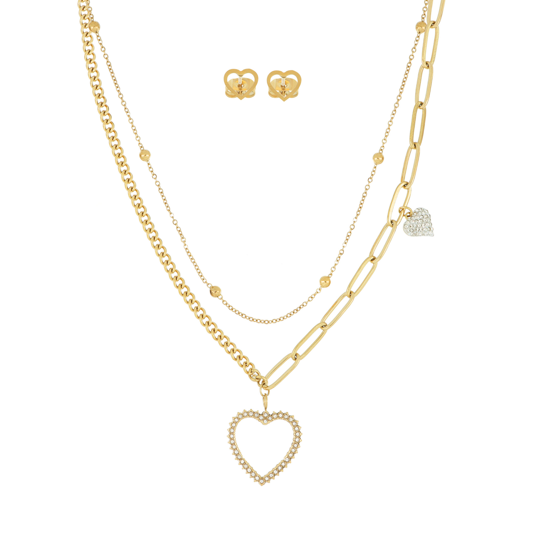 Foto 1 | Set Collar y Par Aretes de Acero Inoxidable Joyas Plafer 1242j-p color Dorado Silueta Corazón de Circonias