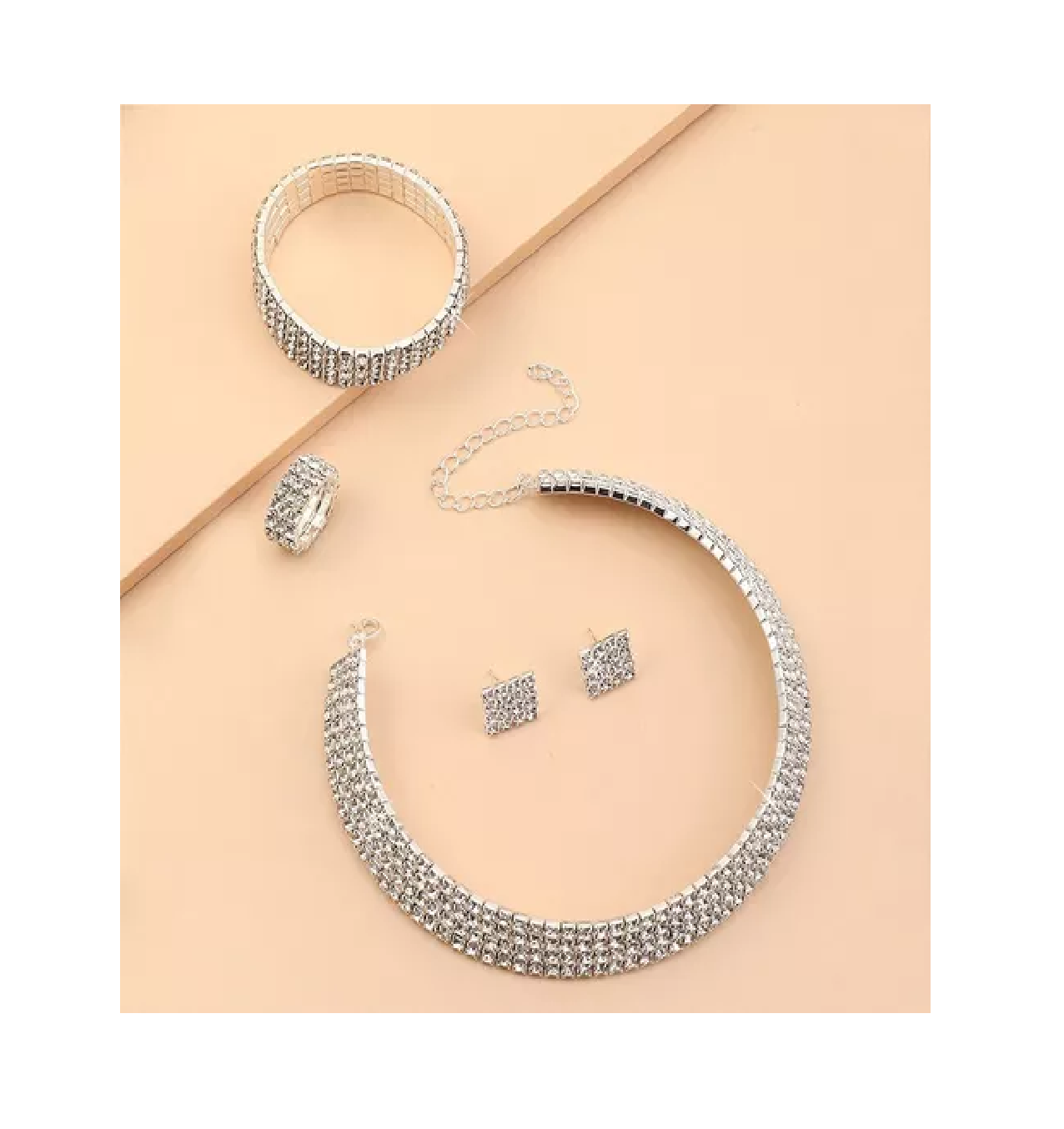 Foto 4 pulgar | Conjunto De Joyas De Lujo Collar Pendientes Pulsera Anillo Plata