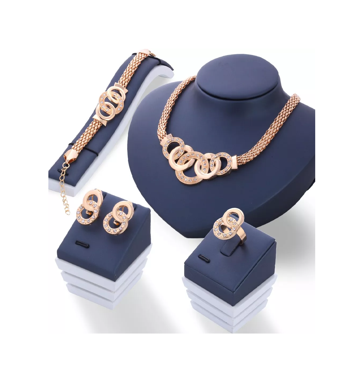 Collar + Pulsera + Aretes + Anillos Dorado de Bisutería Dorado para Mujer