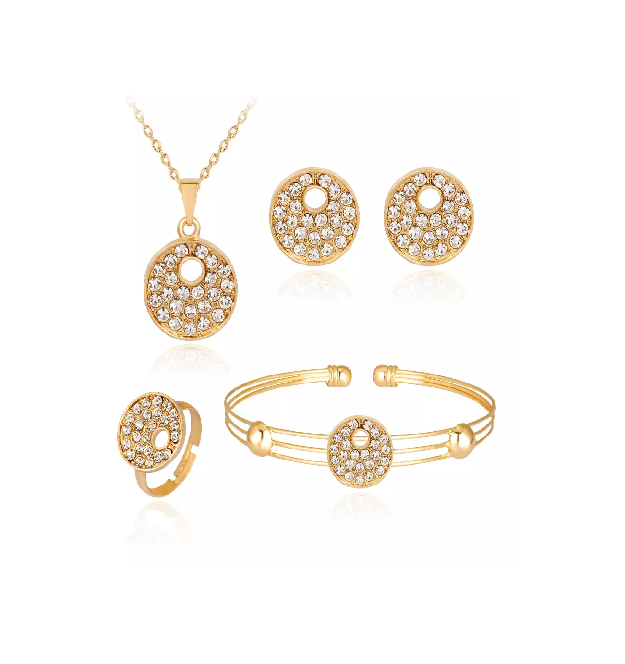 Collar + Pulsera + Aretes + Anillos de Bisutería color Dorado para Mujer