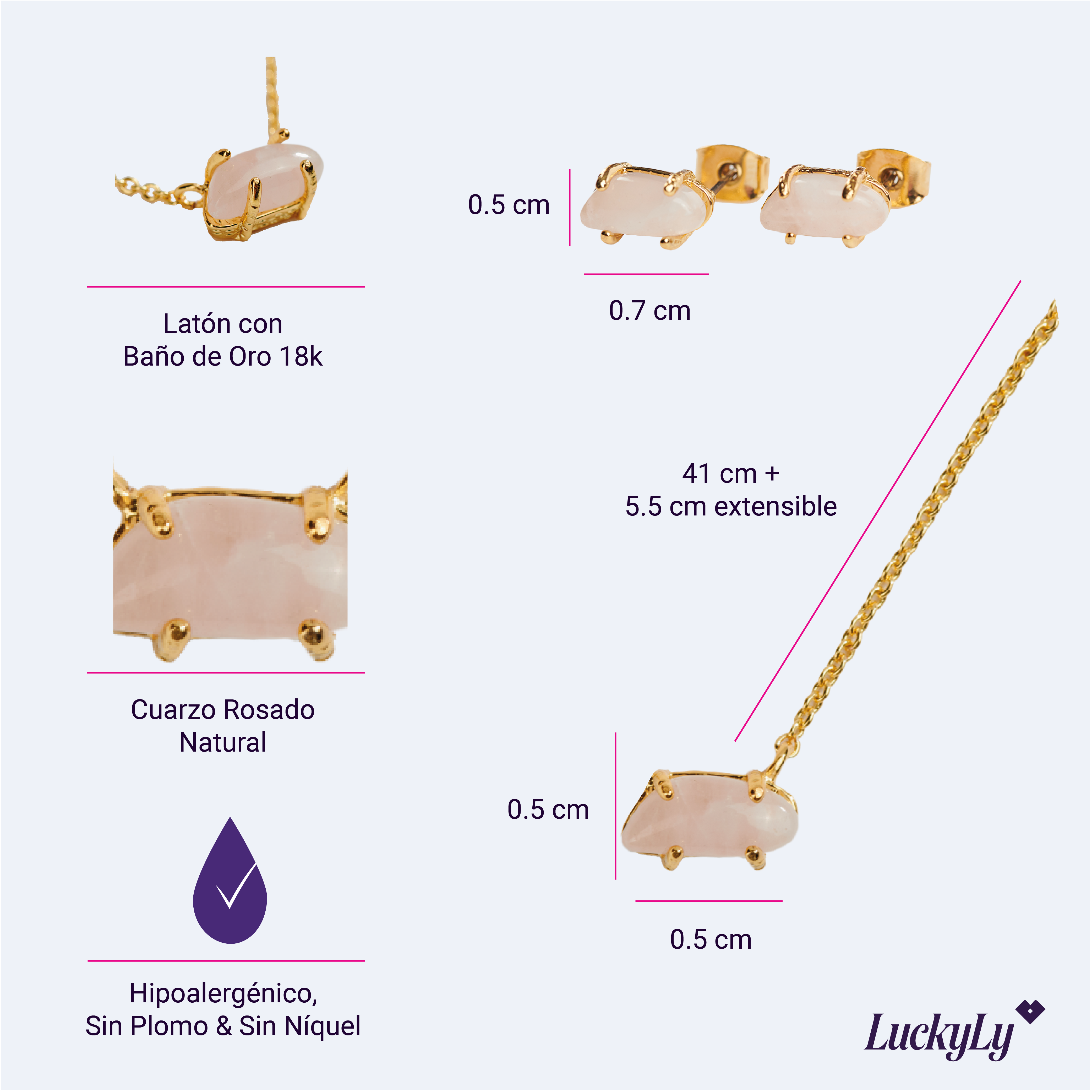 Foto 7 pulgar | Set Juego de Joyería para Mujer Piedras Naturale Luckyly, Modelo Ivy Rosa
