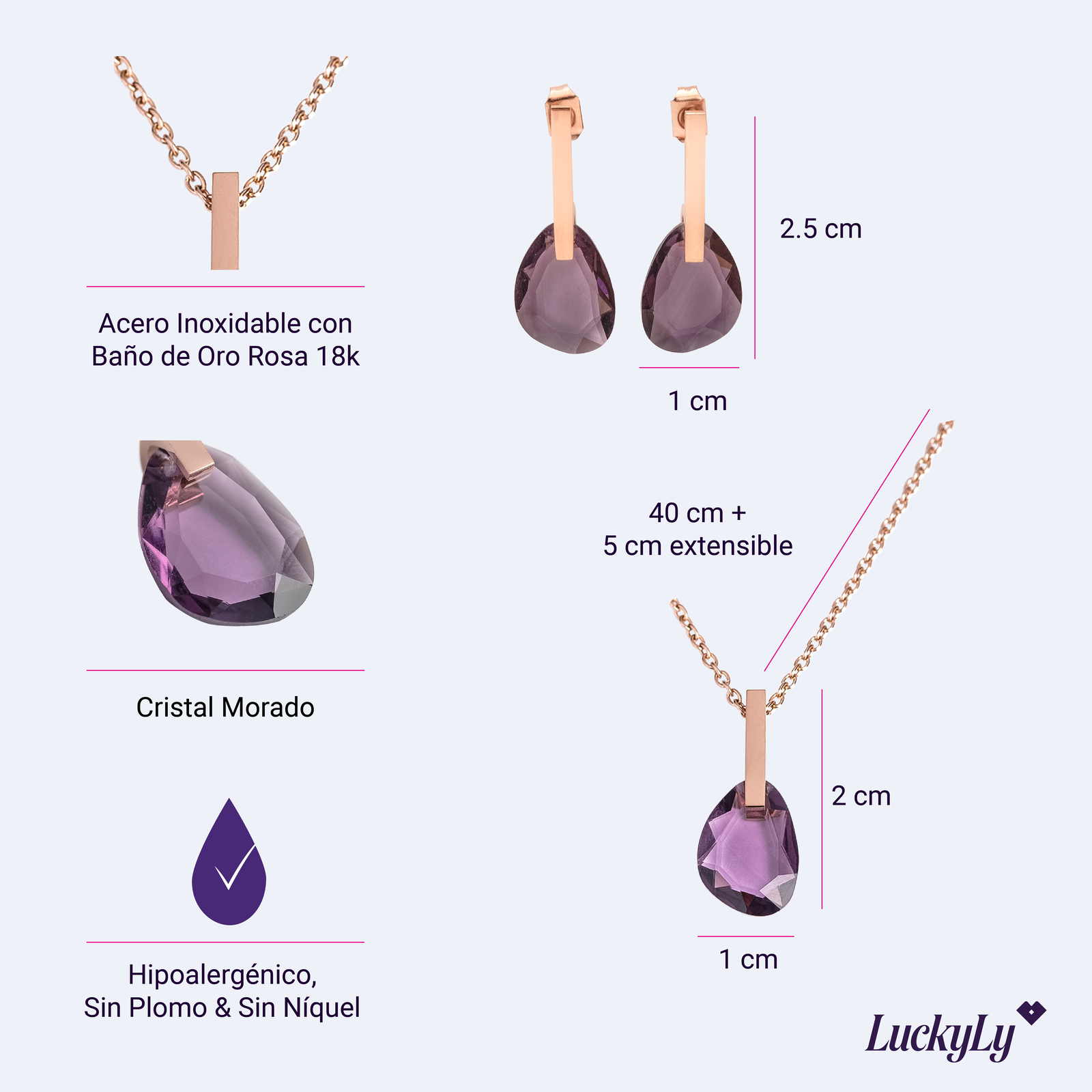 Foto 5 | Set Juego de Joyería para Mujer, Aretes y Collar con Cristal Luckyly, Modelo Amber Morado