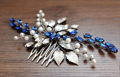 Foto 1 | Peineta Huoguo Para Novia Con Cristal Azul Zafiro Plata - Venta Internacional.