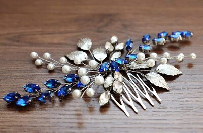 Foto 2 | Peineta Huoguo Para Novia Con Cristal Azul Zafiro Plata - Venta Internacional.