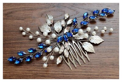 Foto 3 | Peineta Huoguo Para Novia Con Cristal Azul Zafiro Plata - Venta Internacional.
