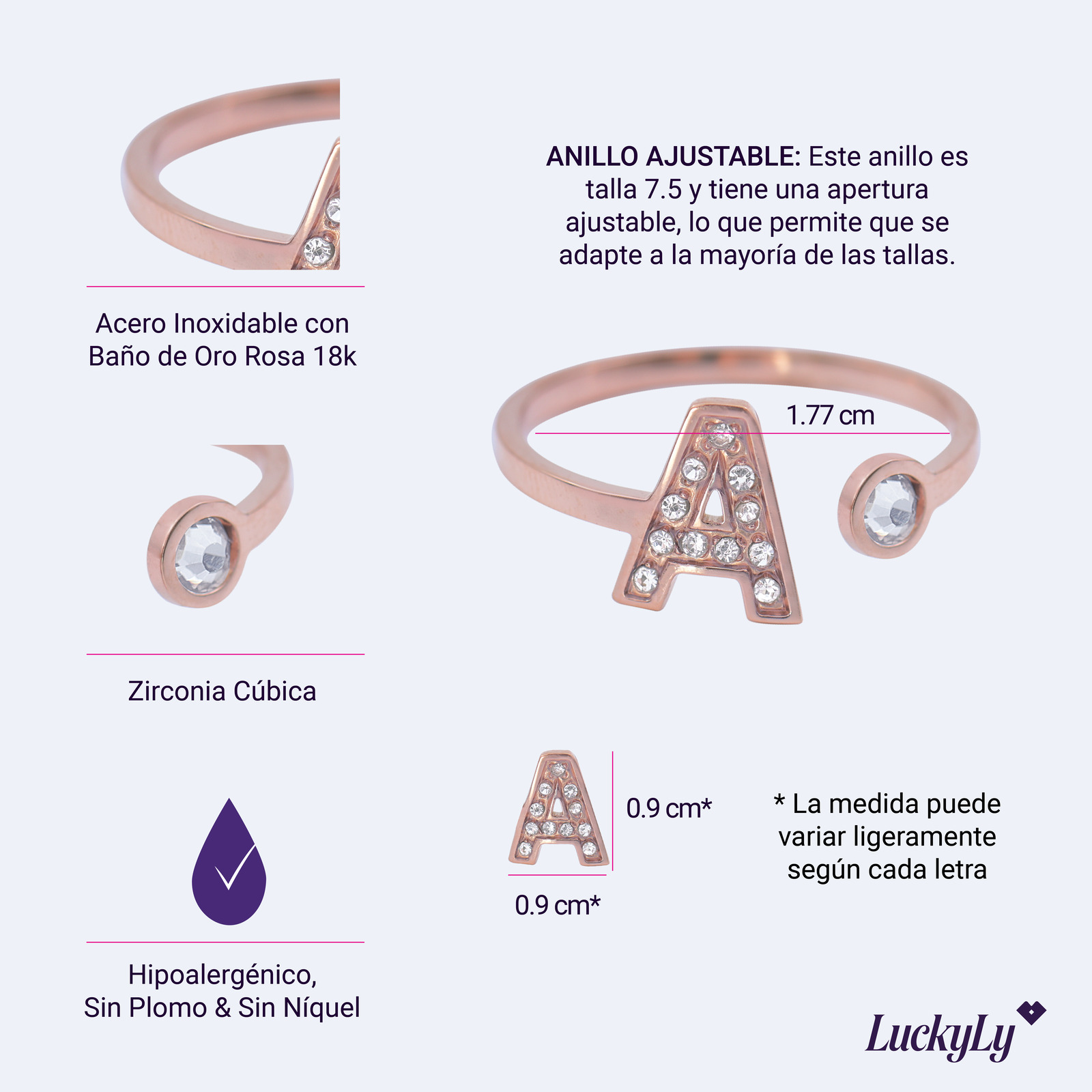 Foto 5 pulgar | Anillo LuckyLy AV02-I color Rosa Baño de Oro Rosa 18k y Zirconia Cúbica - Letra I