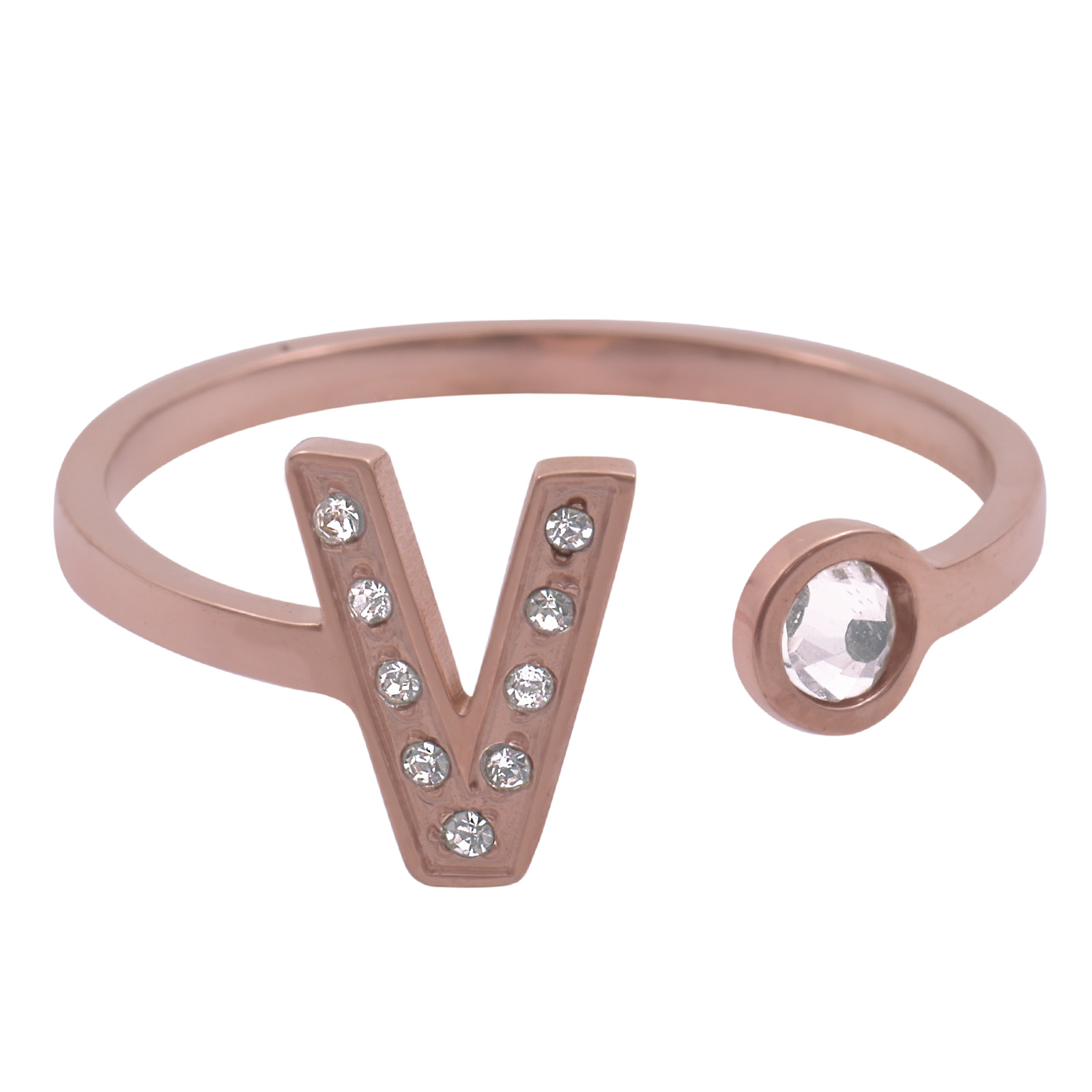 Anillo de Mujer LuckyLy Layla Baño de Oro Rosa 18K y Zirconia Cúbica Inicial Letra V