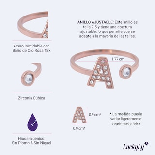 Foto 4 | Anillo LuckyLy Baño de Oro Rosa 18 K y Zirconia Cúbica Layla Letra F para Mujer
