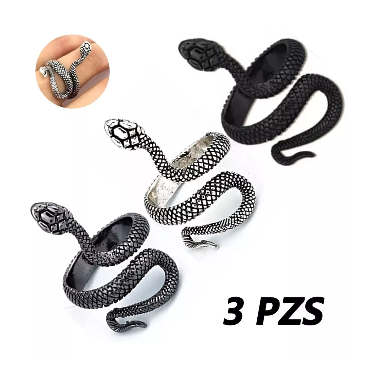 Foto 6 pulgar | Anillos Serpiente Ajustable para Hombre y Mujer 3 Piezas Plata Negro y Gris