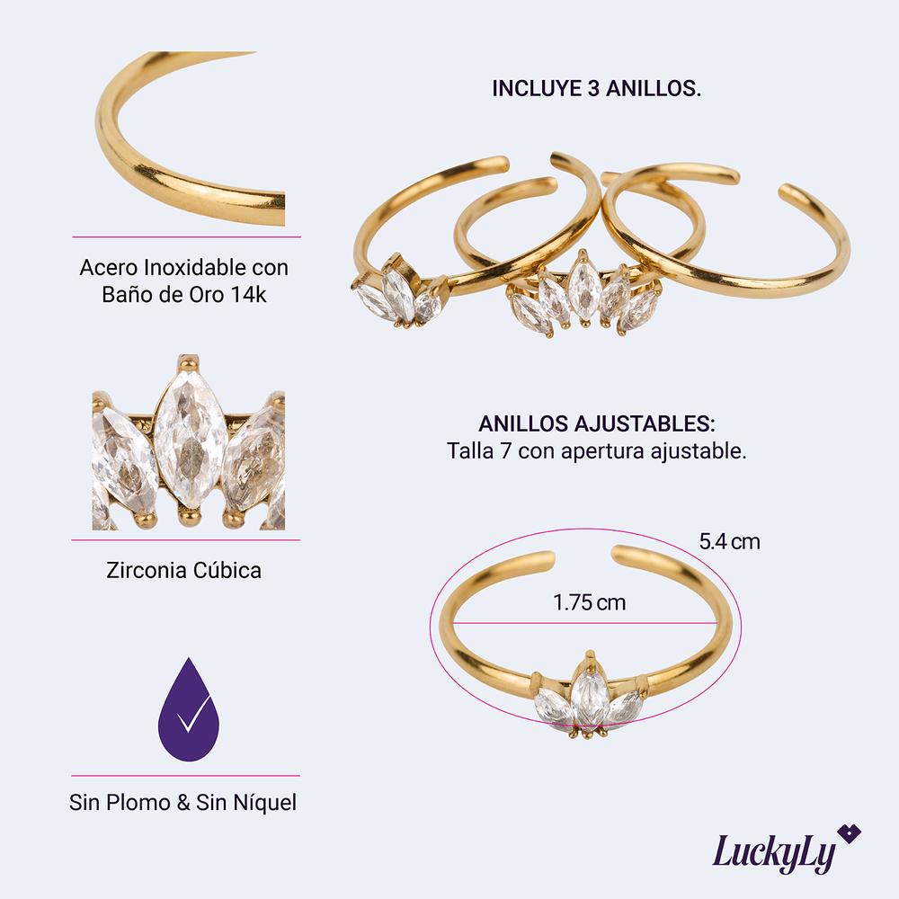 Foto 8 pulgar | Set de Anillos para Mujer Luckyly Acero Inoxidable y Zirconias Erin Dorado