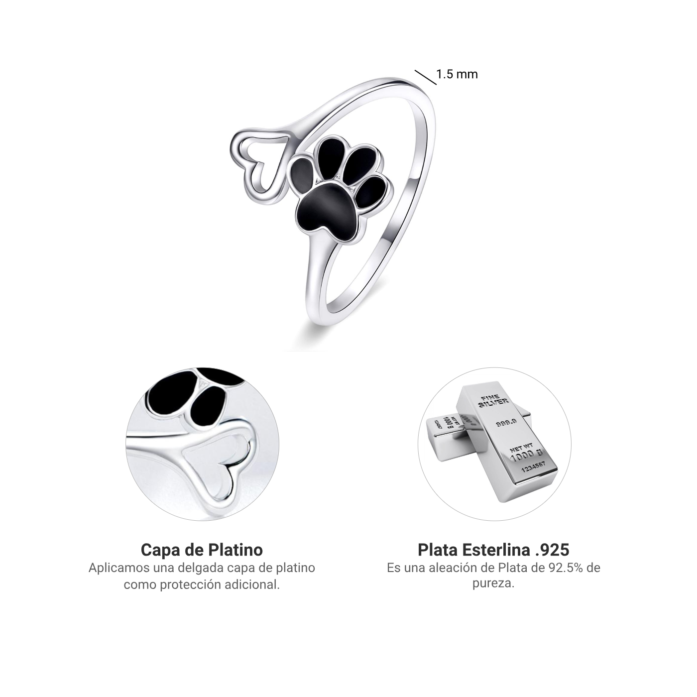 Foto 6 pulgar | Anillo Chulada, Huella De Perro Y Corazón De Plata .925 Con Chapa De Platino, Se Puede Mojar