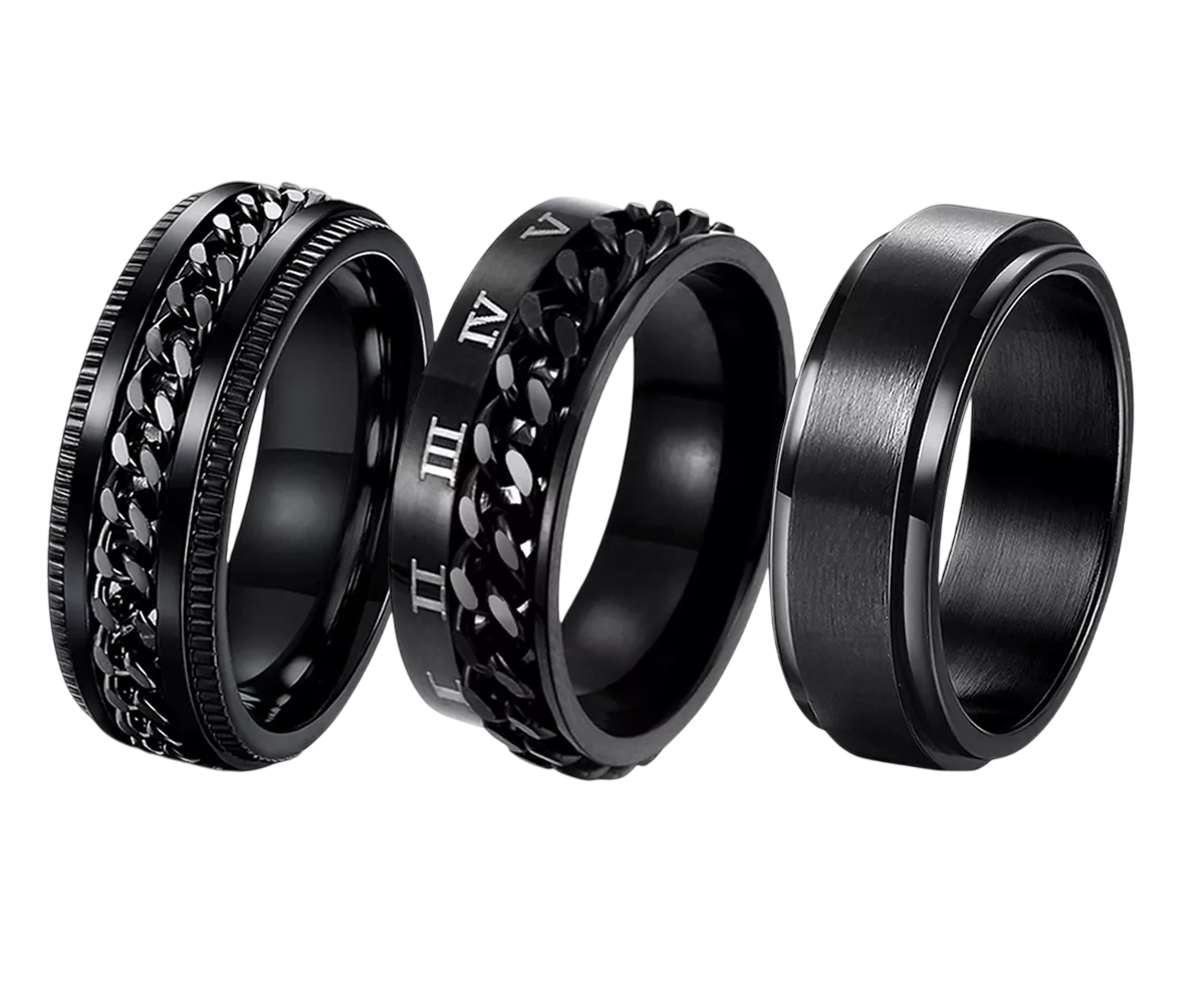 Juego de Anillos de Titanio y Acero Inoxidable 3 Piezas Talla 11