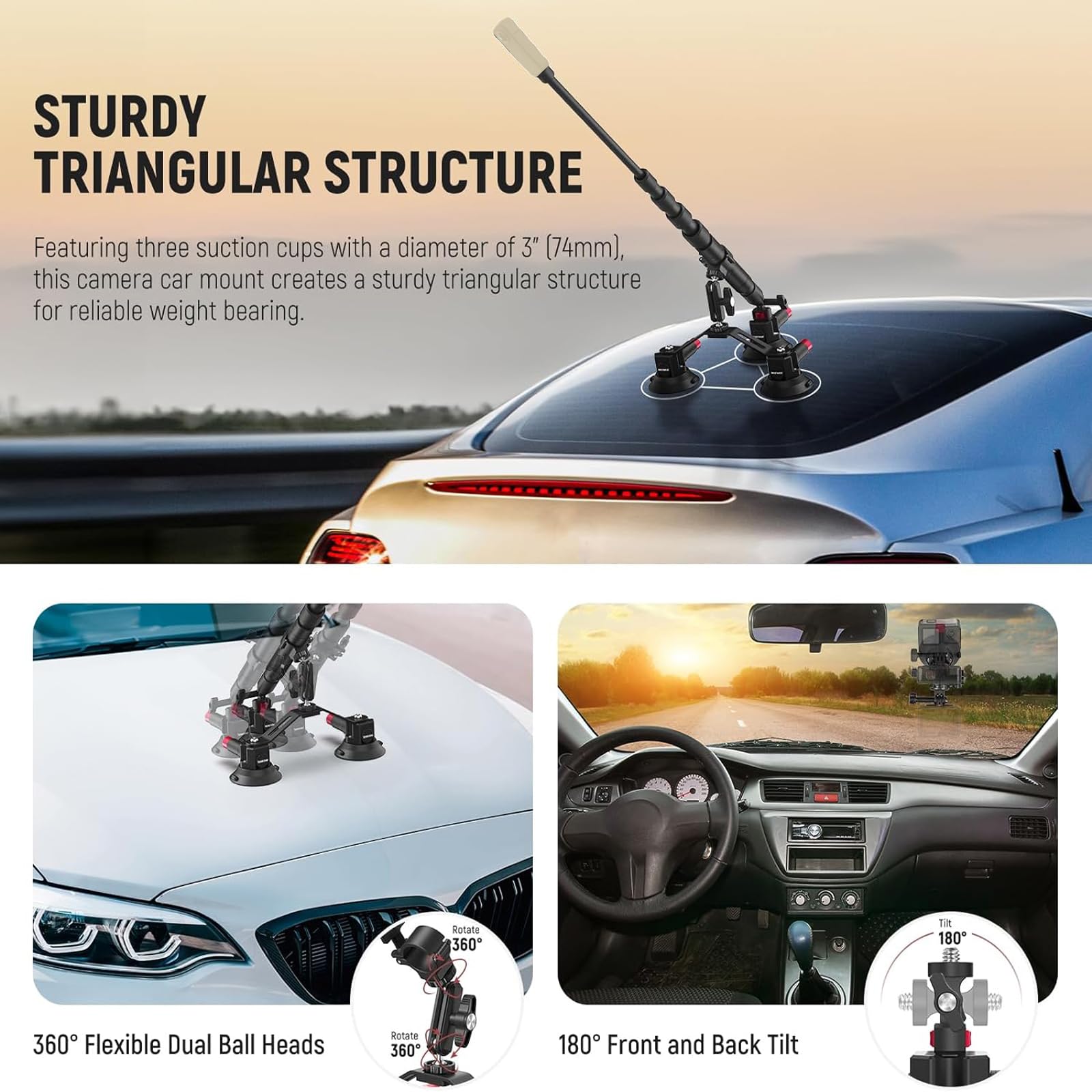 Foto 5 pulgar | Kit De Montaje Para Coche Neewer Con Triple Ventosa Y Mástil De Extensión - Venta Internacional.