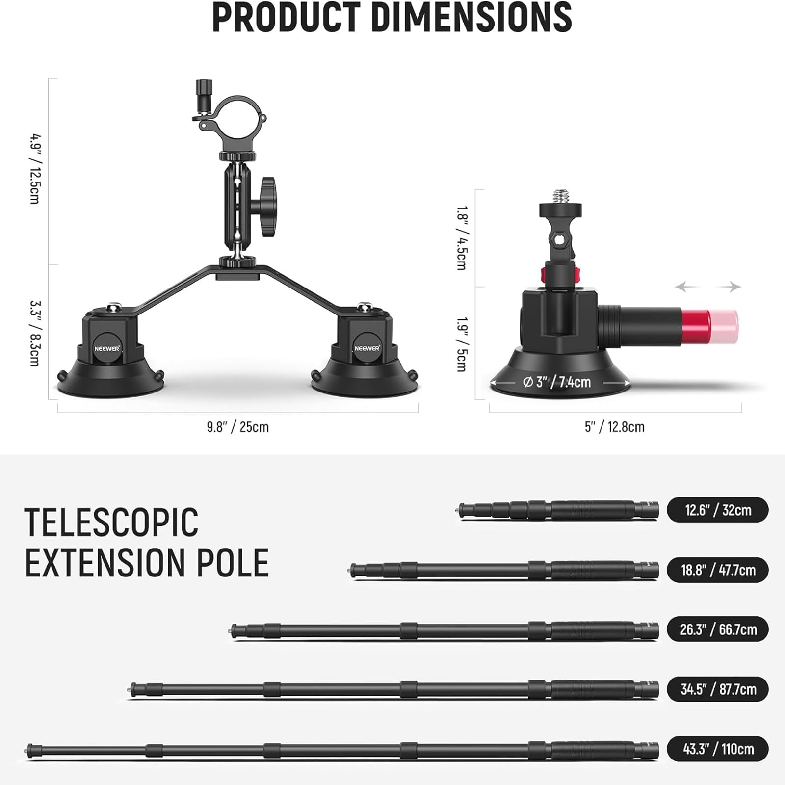 Foto 6 pulgar | Kit De Montaje Para Coche Neewer Con Triple Ventosa Y Mástil De Extensión - Venta Internacional.