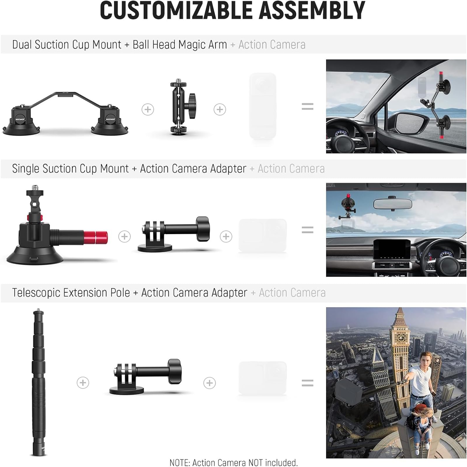 Foto 7 pulgar | Kit De Montaje Para Coche Neewer Con Triple Ventosa Y Mástil De Extensión - Venta Internacional.