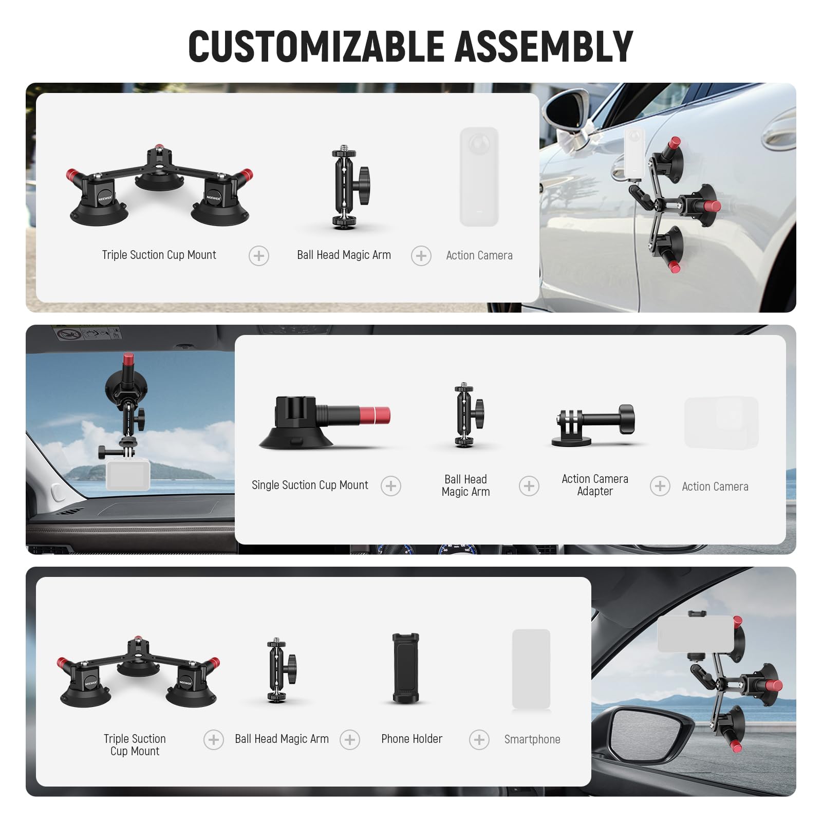 Foto 4 | Soporte Para Cámara Neewer Con Triple Ventosa Para Coche Y Soporte Para Teléfono - Venta Internacional.