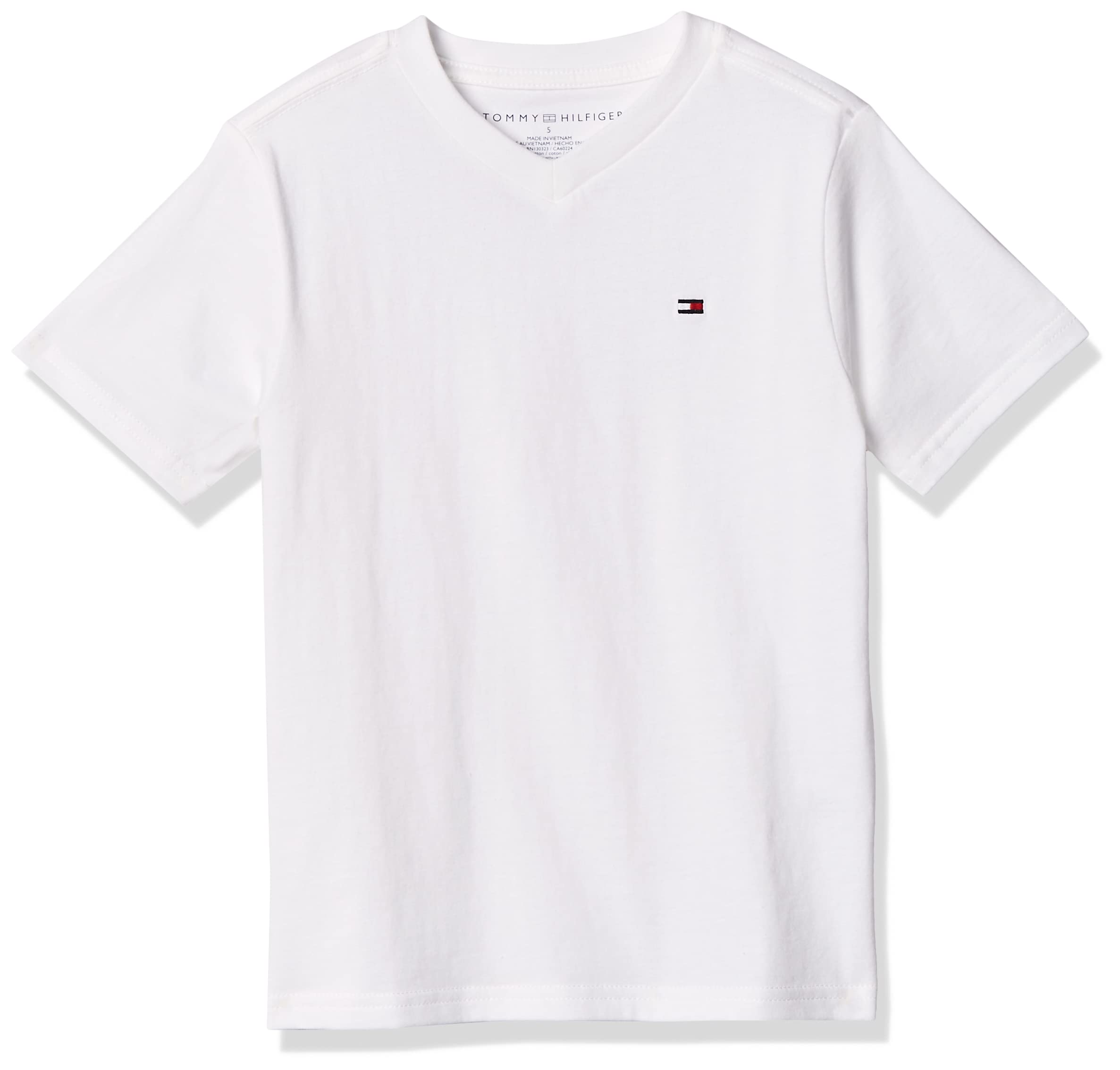 Camiseta Tommy Hilfiger Para Niños De Manga Corta Con Cuello En V, Color Blanco Brillante - Venta Internacional.
