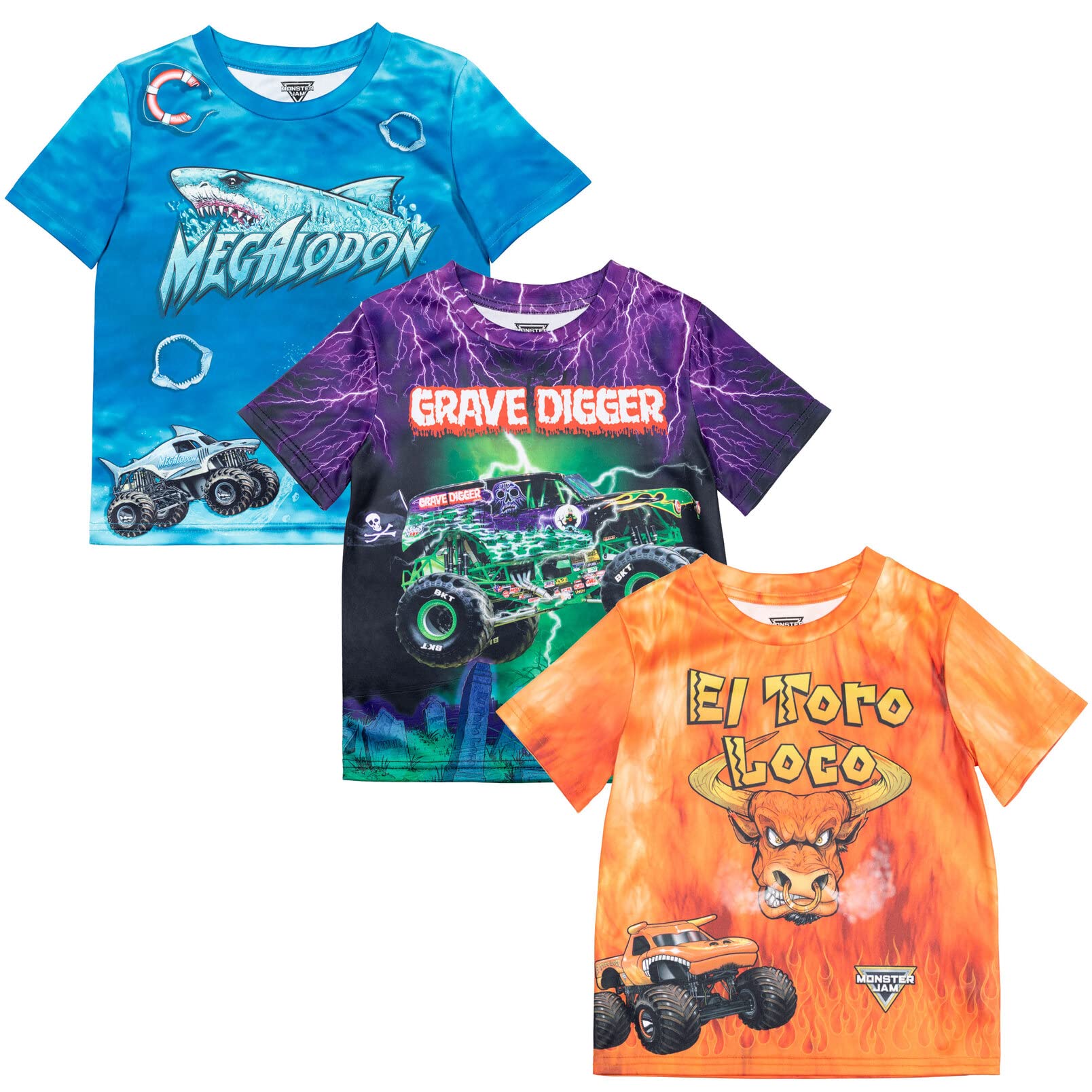 Foto 2 pulgar | Camiseta Monster Jam Megalodon El Toro Loco Grave Digger Para Niños - Venta Internacional.