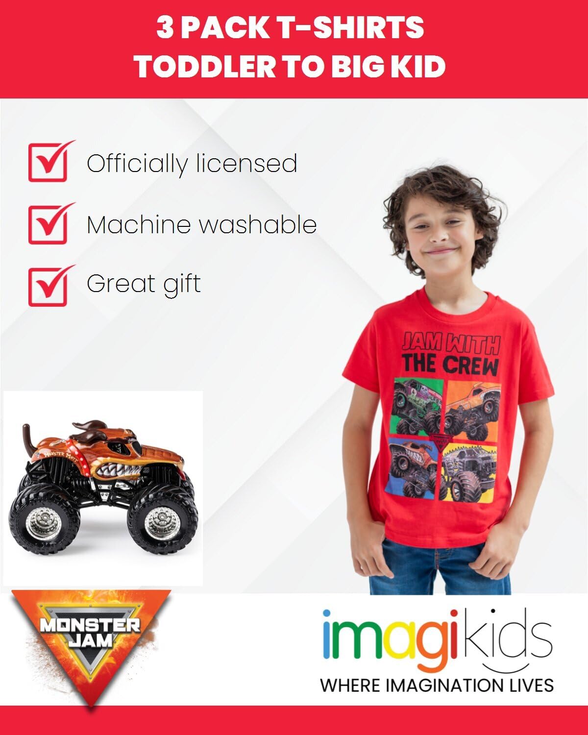 Foto 5 pulgar | Pack De 3 Camisetas Monster Jam Big Boys, Color Negro/rojo/gris, Talla 8 - Venta Internacional.