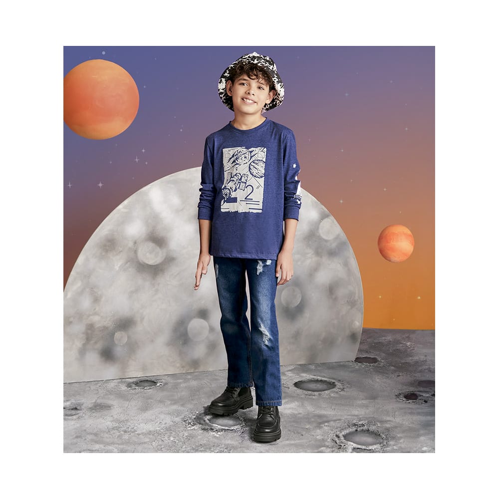 Foto 5 pulgar | Playera Audaz Para Niño De Poliéster Azul Marino Con Estampado Espacial
