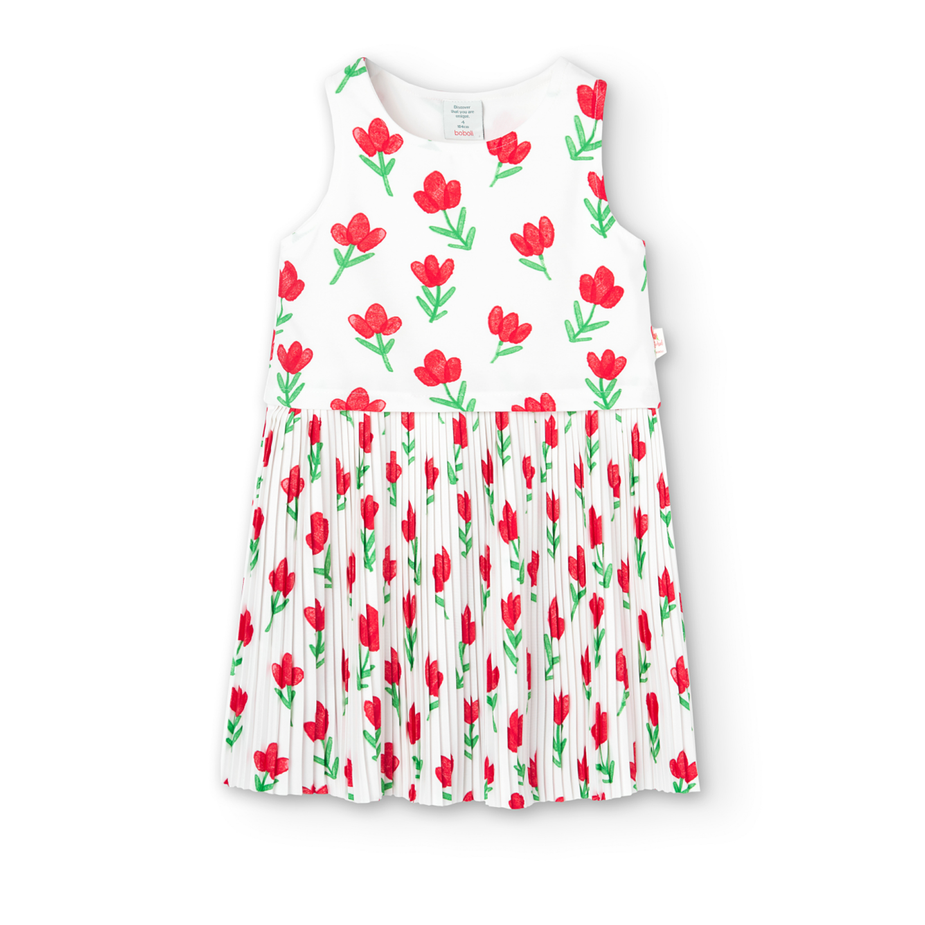 Vestido de Punto Boboli Blanco Plisado Estampado de Flores para Niña