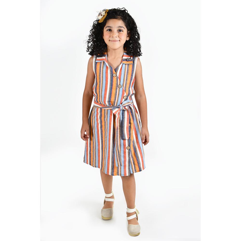 Vestido De Niña Lino Multicolor Roman Fashion /kids, 35081 (rayas Multicolor) Naranja