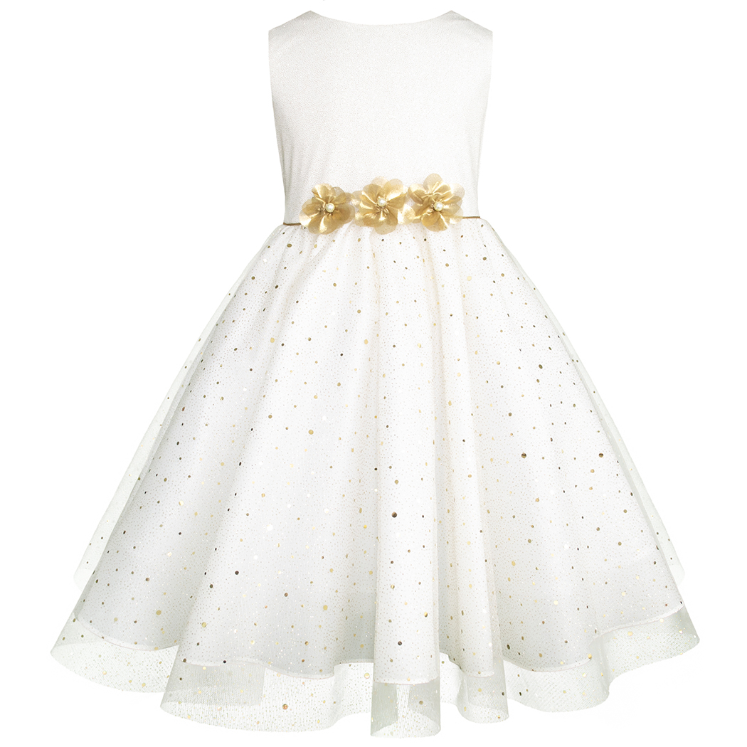 Foto 2 pulgar | Vestido De Fiesta Blanco Con Brillos Dorados Y Flores Gerat