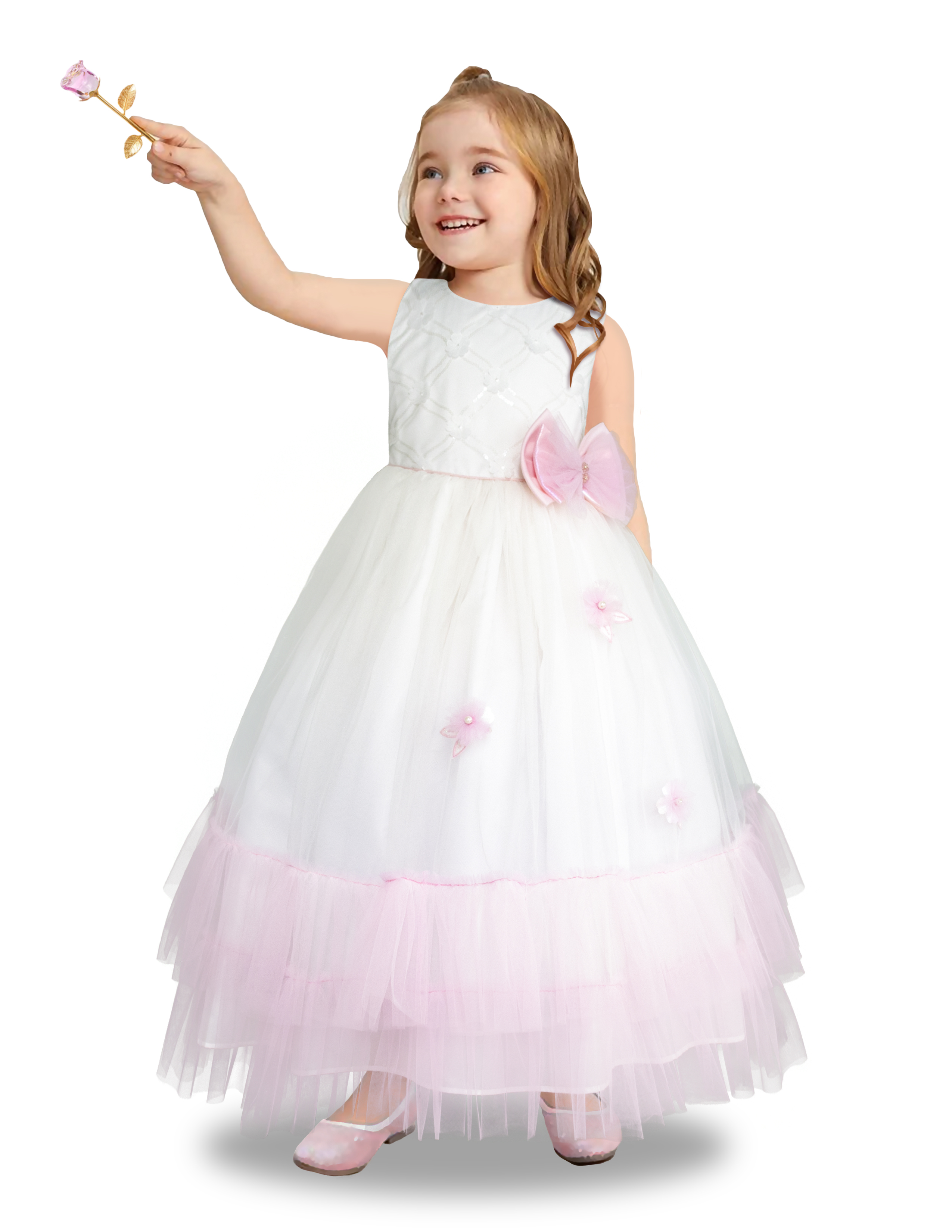 Foto 2 pulgar | Vestido De Fiesta Blanco Y Rosa Con Tul Y Flores Gerat